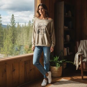 MMMMMM Large Pull Over Raglan Crew Neck Sweatshirt Tan "Adventure Awaits"